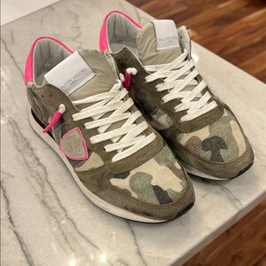 Philippe Model Green Camouflage Sneakers with Pink Highlights
